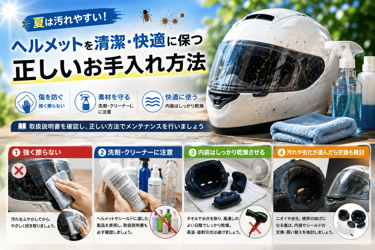 夏のヘルメットのお手入れ方法！内装の洗い方・臭い・虫汚れ対策＆おすすめケア用品紹介！